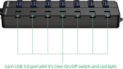 VEMONT USB hub,Computer Peripheral Equipment 7-Port USB 3.0 hub with 5V2A Power Adapter and Individual On/Off Switches,USB Charging hub 4ft/1.2m Long Cable