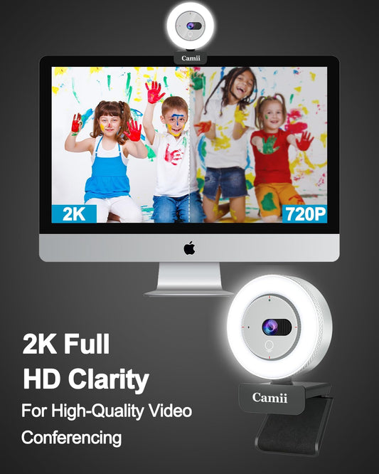 2K Webcam with Light, HD Webcam for PC with Built-in Privacy Cover, Adjustable Brightness, Noise Reduction Mics, for Zoom Skype Teams Laptop and Google Meet