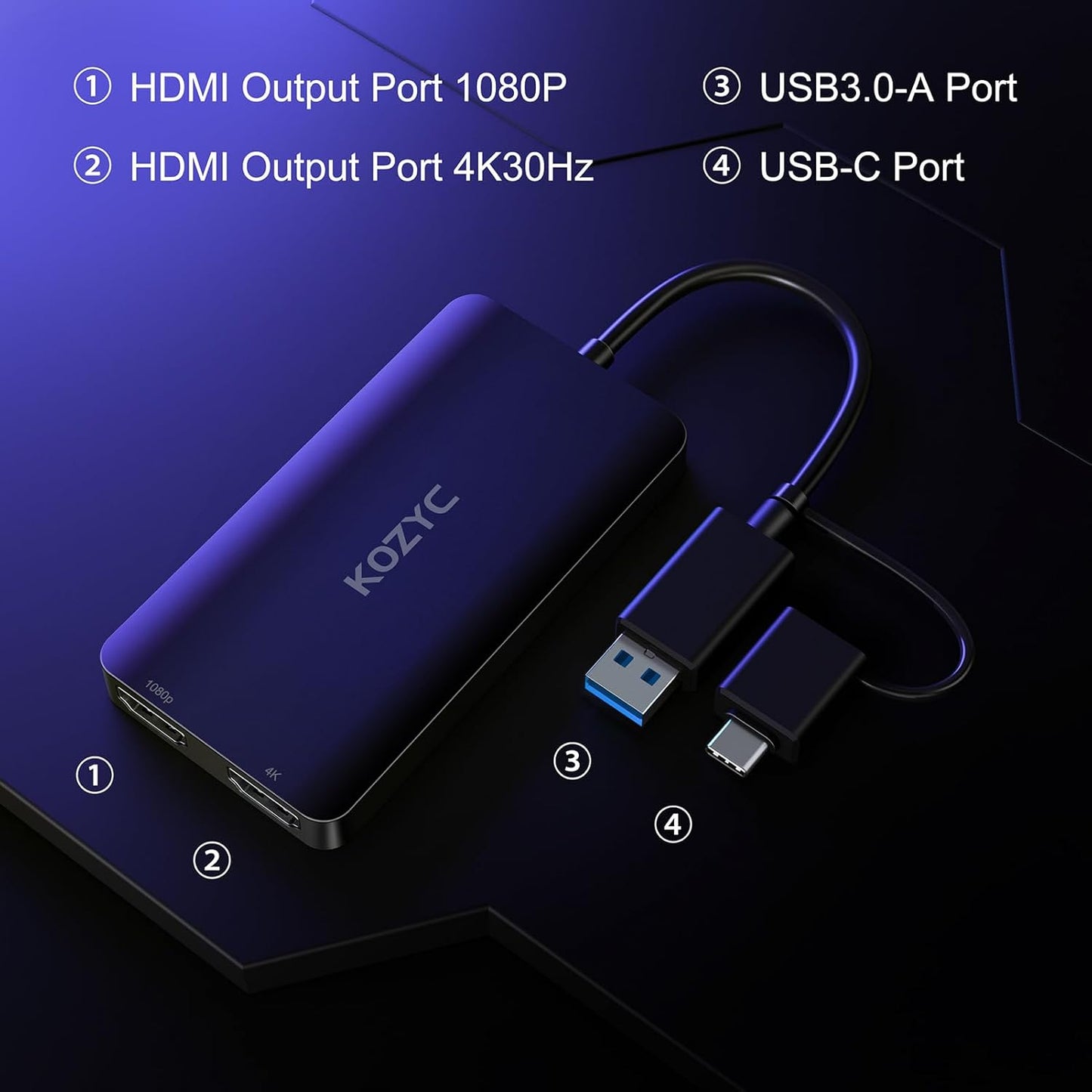 USB 3.0 to HDMI Splitter Extended Display Dual Monitors, USB 3.0-A/C to Dual HDMI Adapter 4K@30Hz+1080p@60Hz Compatible MacBook/MacBook Pro Air Dell (MST Support MacOS/Windows)