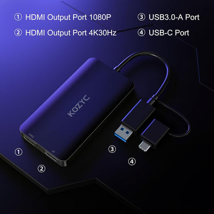 USB 3.0 to HDMI Splitter Extended Display Dual Monitors, USB 3.0-A/C to Dual HDMI Adapter 4K@30Hz+1080p@60Hz Compatible MacBook/MacBook Pro Air Dell (MST Support MacOS/Windows)