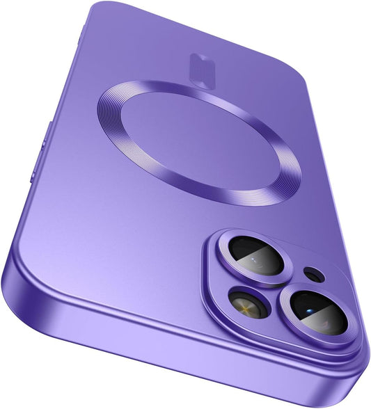 Magnetic for iPhone 15 Case [Compatible with MagSafe][Built-in Camera Lens Protector] Slim Soft Silicone Bumper Shockproof Metallic Shine Phone Case (Purple)