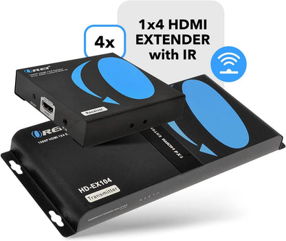 OREI 1x4 HDMI Extender Splitter Over Single Cable CAT6/7 1080P With IR Remote EDID Management - Up to 400 Ft - Loop Out - Low Latency Black