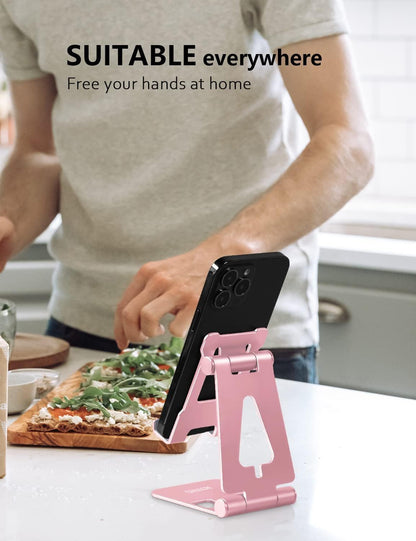 Cell Phone Stand for Desk, Adjustable Desktop Phone Holder Stand, Foldable Moblie Phone Dock for iPhone 15 14 13 12 11 Pro Xs Max Xr X 8 7 6 5 5s SE Nintendo Switch All Phones, Rose Gold