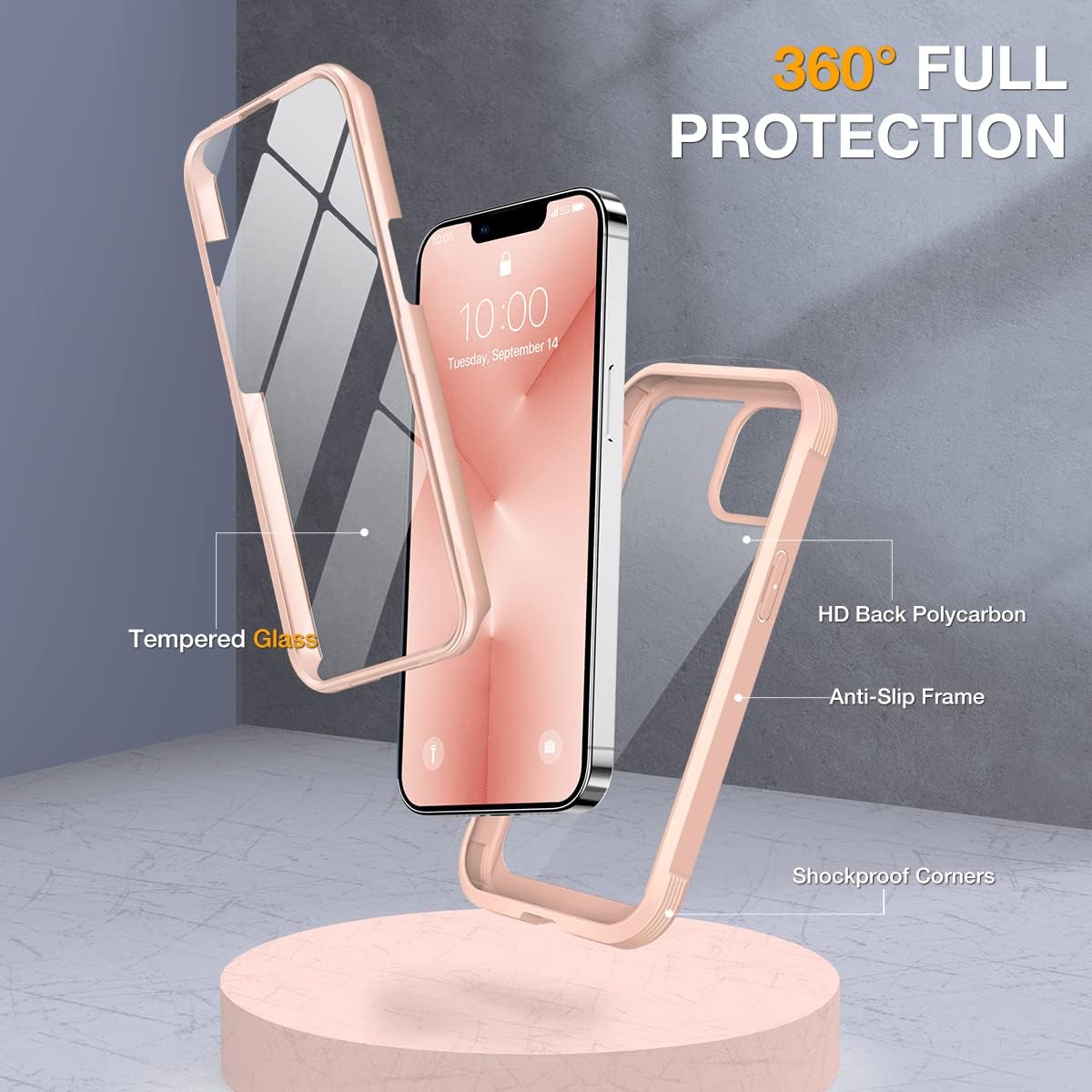 Miracase Glass Case for iPhone 13 Pro Max 6.7 inch, Upgrade Full-Body Clear Bumper Case with Built-in 9H Tempered Glass Screen Protector for iPhone 13 Pro Max, Pink