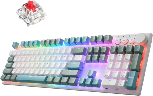 iRocks K74R Wireless RGB Illuminated Mechanical Gaming Keyboard, Hot-Swappable Switches, Easy-Clean Floating Design, PBT 107 Keys NKRO, Detachable USB-C Cable - Island Blue (Red Switches)