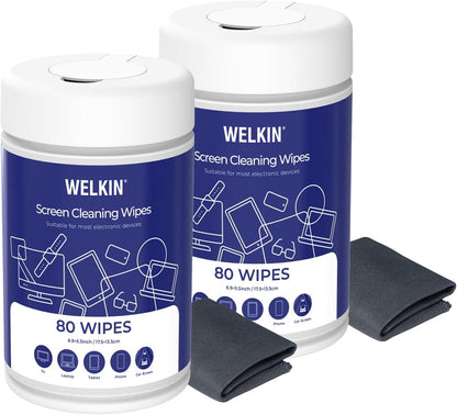 WELKIN 80 * 2 Electronics Cleaning Wipes - Non Toxic Screen Cleaner, Streak Free Touchscreen Cleaning for All Phones, Laptop, Computer, TV and Car，2 X Microfiber Cloth Included