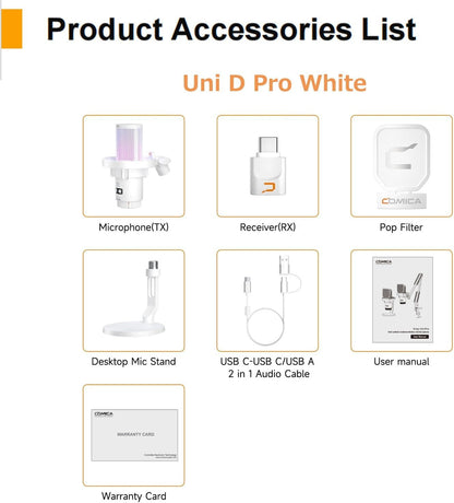 COMICA Wireless USB Microphone for Computer and Smartphone,48kHz/24bit RGB Cardioid Condenser Gaming Mic for Podcasting,Streaming,Recording,Music Creation,with Boom Arm Stand-White (EJoy Uni Pro A)