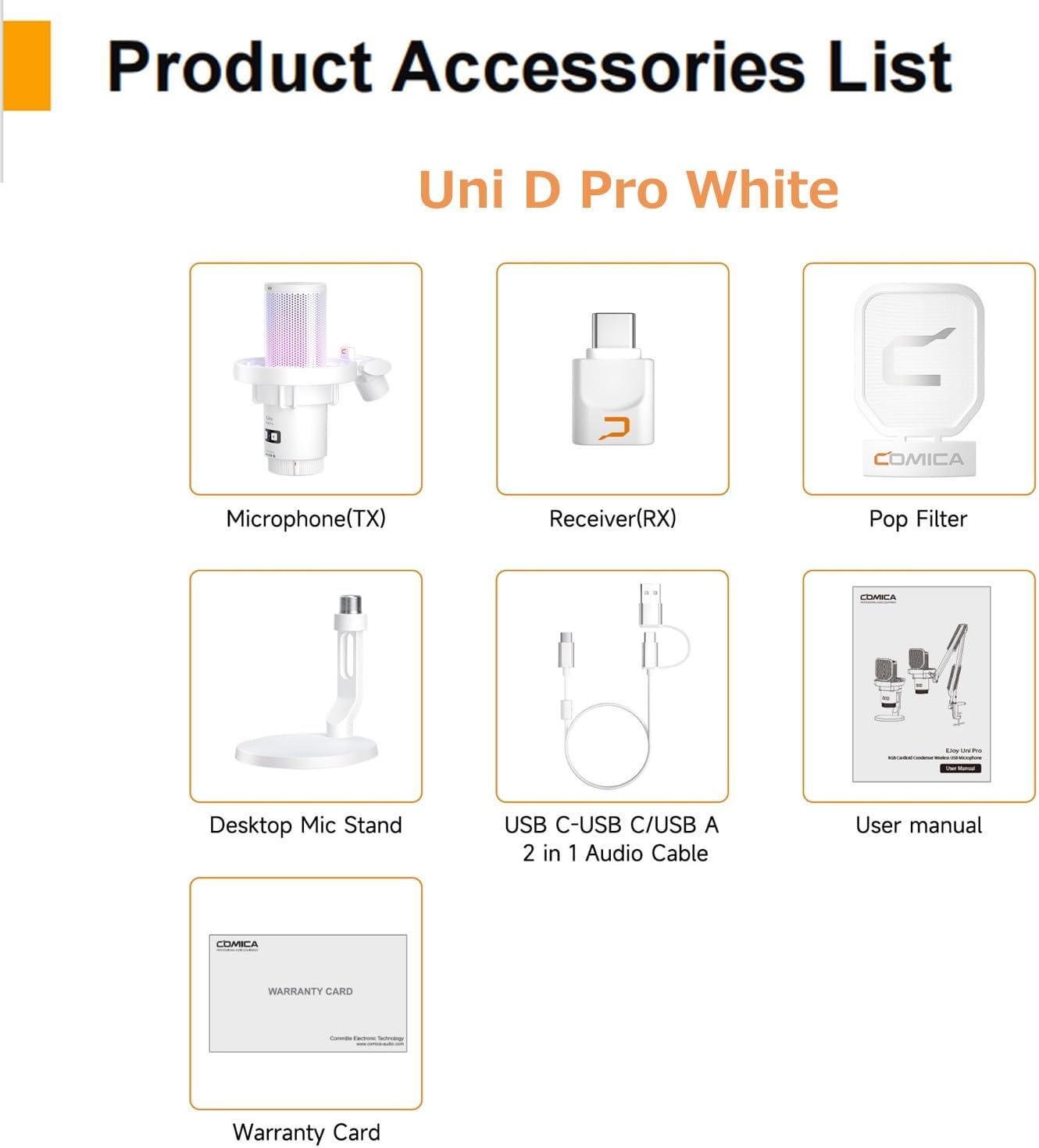 COMICA Wireless USB Microphone for Computer and Smartphone,48kHz/24bit RGB Cardioid Condenser Gaming Mic for Podcasting,Streaming,Recording,with Desktop Stand-White(EJoy Uni Pro D)