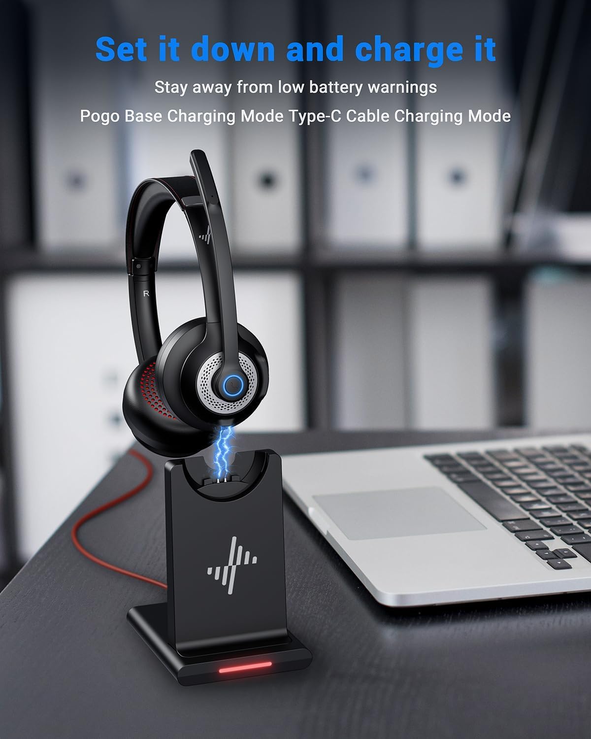 Wireless Headset with AI Noise Cancelling Microphone Bluetooth Headset - Bluetooth V5.2 Headphones with USB Dongle, Charging Base & Mic Mute for Computer/Laptop/PC/iPhone/Android/Cell Phones