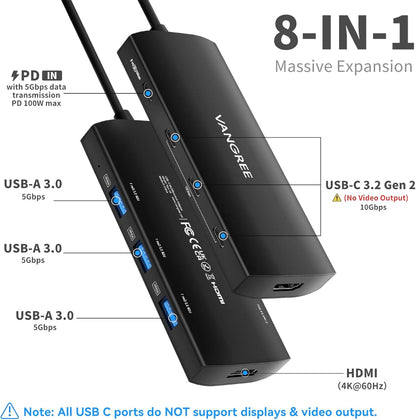 USB C Hub 8 in 1 Multiport Adapter, 3 USB 3.2 Gen 2 Ports with 10Gbps, 3 USB-A 3.0 5Gbps, 4K@60Hz HDMI, 100W PD, USBC Splitter for MacBook Pro, iPad Pro, Mac mini and More(Not Support USB-C Monitor)