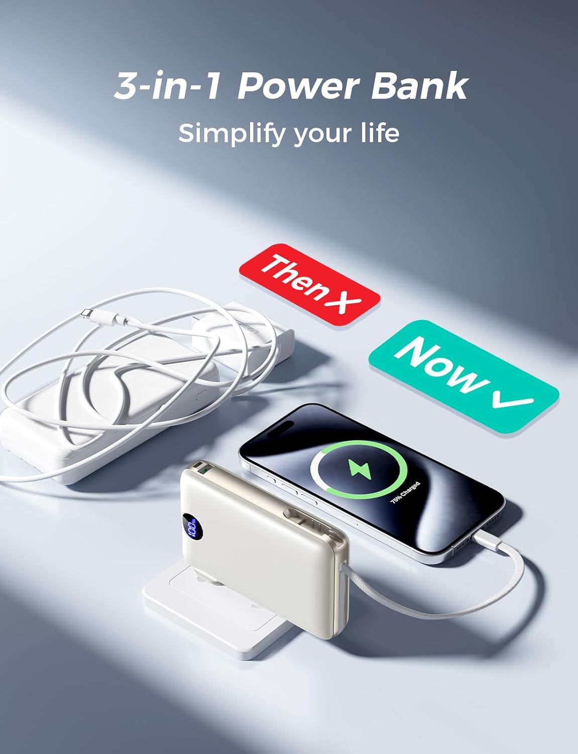 Portable Charger with Built in Cable & Wall Plug, 50000 mAh Power Bank, 22.5W Fast Charging, 4 Outputs, Travel Essential Battery Pack with LED Display for iPhone 17/16/15/14 Series, Samsung, iPad etc