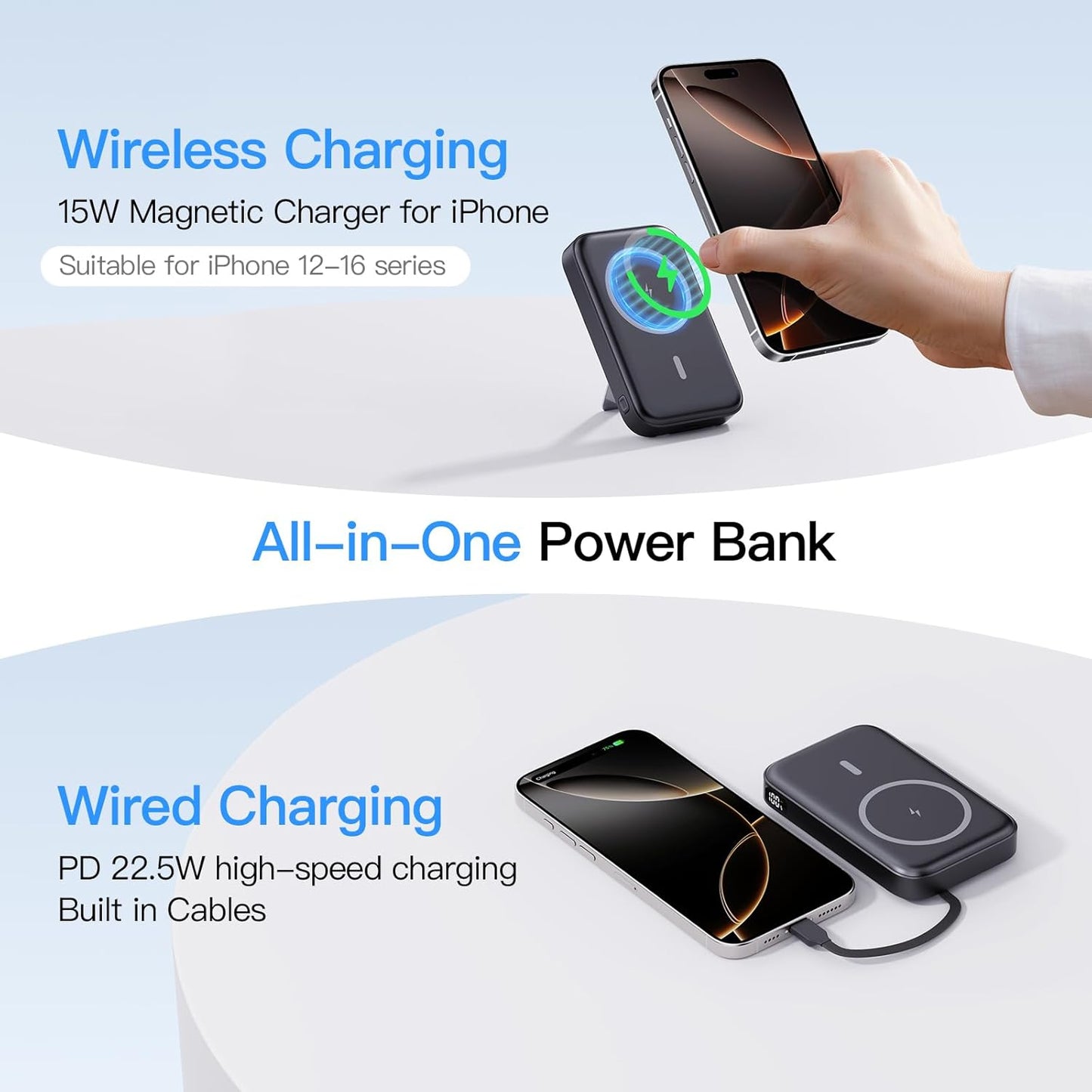 2025 Latest Portable Charger, 16800mAh Magnetic Wireless Power Bank with 2 Built in Cables, LED Display Battery Pack Travel Essentials for iPhone 16/15/14/13/12/Pro/Mini/Pro Max Andriod