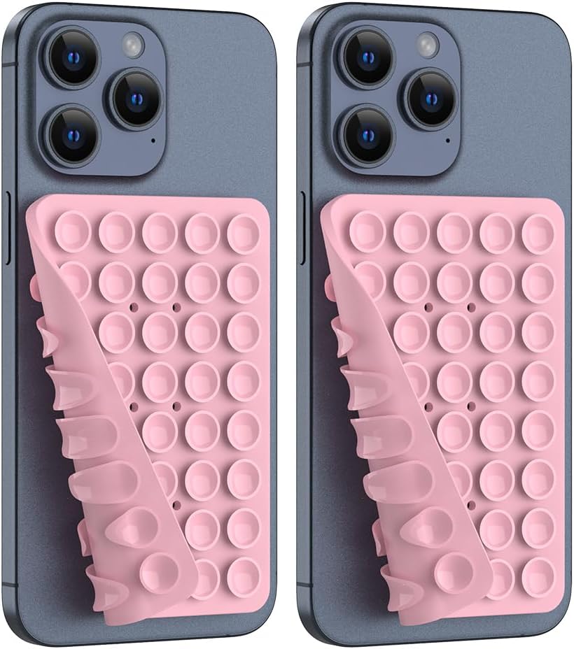 2PACK Silicone Double Sided Suction Phone Case Mount, Detachable Hands Free & Strong Grip Holder for Selfies & Videos, Compatible iPhone Android (Light Pink, 2Pack 40 Suction Cups)