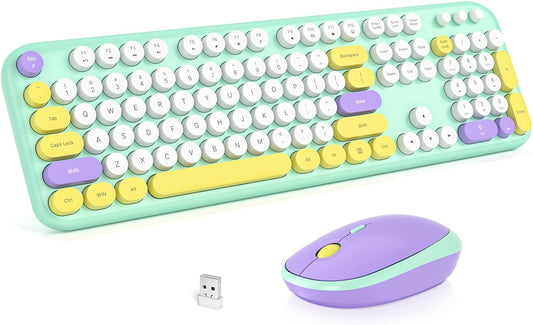 KNOWSQT Wireless Keyboard and Mouse Combo - Lovely Tiffany Blue Rainbow Full-Sized Typewriter Colorful Keyboards, Round Keycap Plug Play Retro Cute Keyboards for Windows, Laptop, PC, Desktop, Computer
