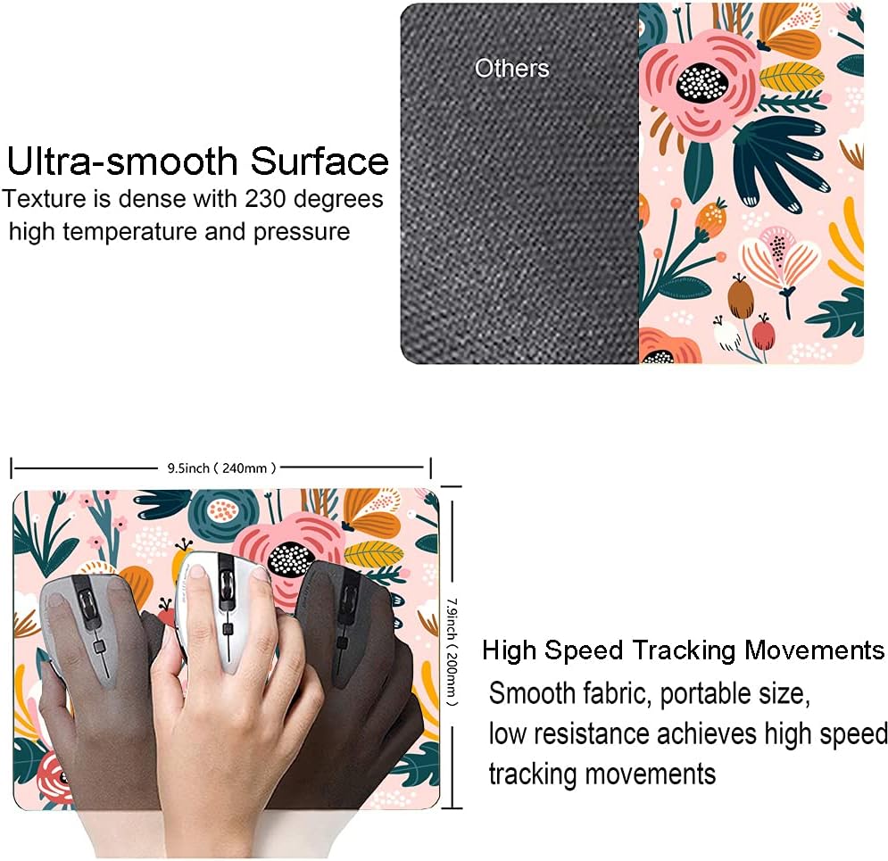 Pink Cute Flower Mouse Pad, Floarl Mouse Pad Custom Design, Square Waterproof Mouse Pad Non-Slip Rubber Base MousePads for Office Laptop, 9.5x7.9x0.12 Inch