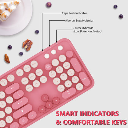Wireless Keyboard,KOOTOP Cute Colorful 104 Keys Typewriter Retro Round Keycaps Keyboard for PC Laptop,Desktop,Windows, Home and Office Keyboards(Pink)