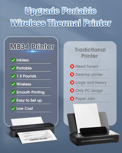 Phomemo M834 Portable Printer Wireless for Travel Upgraded, Bluetooth Thermal Printer 8.5" x 11"&A4, Compatible with iOS,Android & PC,Inkless Mobile Printers for Travel,Office,School,Home,Black