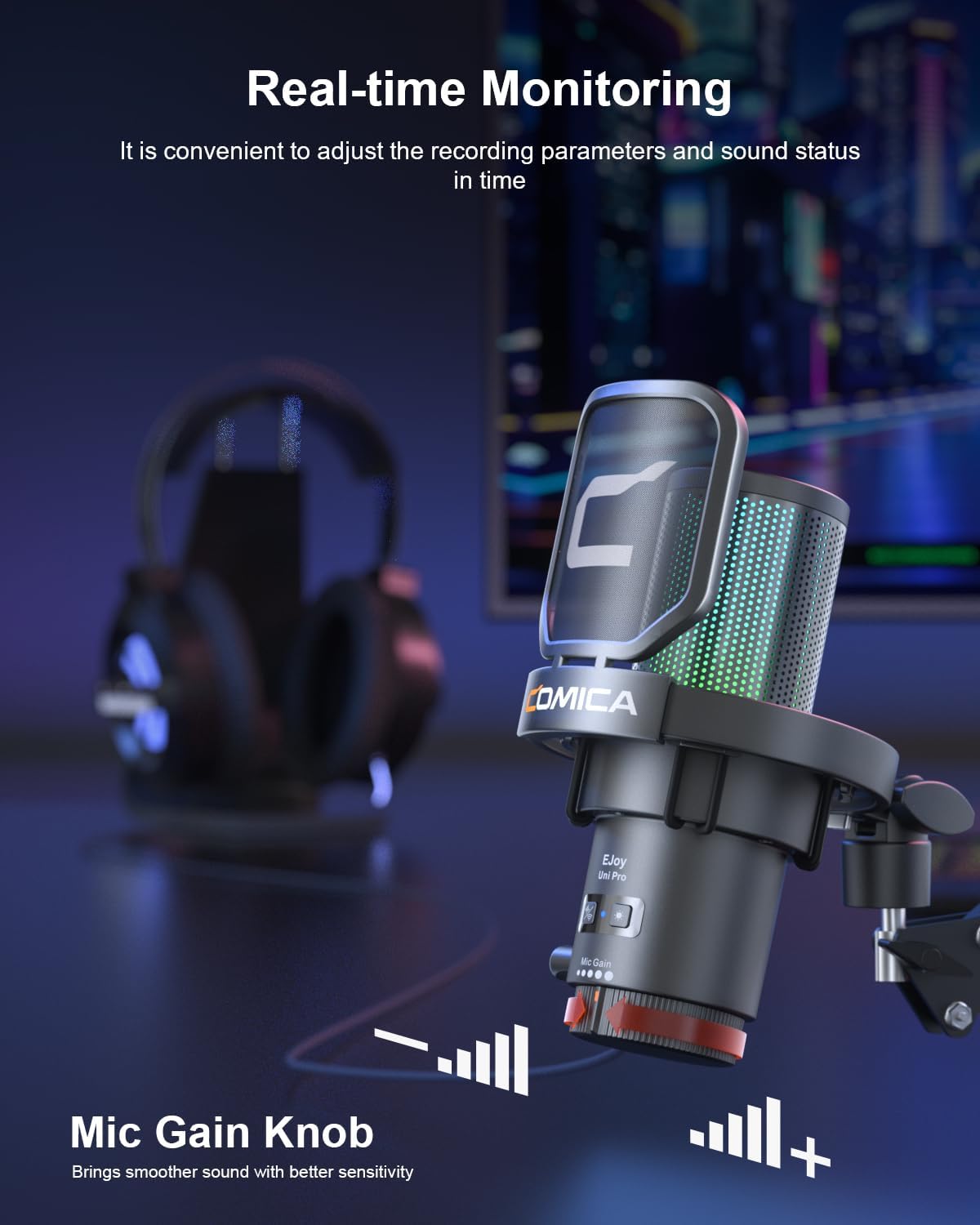 COMICA Ejoy Uni(A) USB Gaming Microphone with Noise Cancellation, RGB Lights, Monitoring, Muting, Streaming Mic for Computer, PS5, PS4, Streaming, Podcast, Chat, Twitch, YouTube, Discord