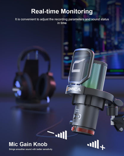 COMICA Ejoy Uni(A) USB Gaming Microphone with Noise Cancellation, RGB Lights, Monitoring, Muting, Streaming Mic for Computer, PS5, PS4, Streaming, Podcast, Chat, Twitch, YouTube, Discord