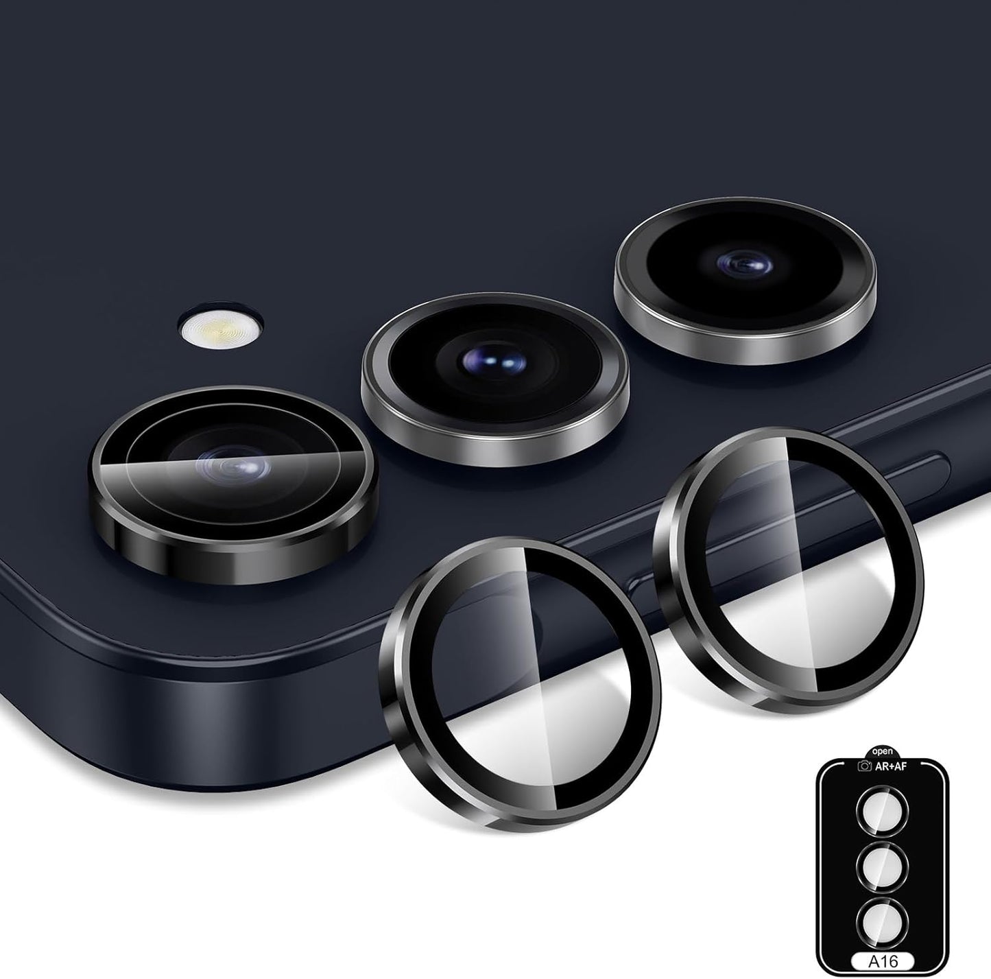 for Samsung Galaxy A16 Camera Lens Protector, Individual Metal Ring Tempered Glass Lens Cover, [Strong Adsorption] Scratch Resistant Ultra-Thin HD Clear Lens Cover, 1 Set-Black Ring