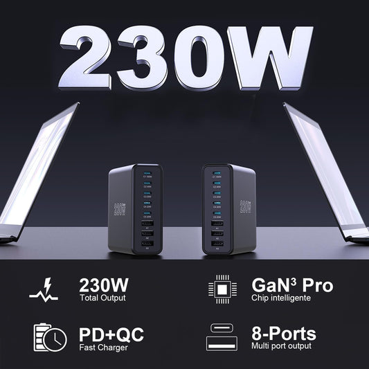 230W USB C Charging Station, Graaci Compact 8 Ports GaN Desktop Charger, PD 100W PPS 45W Super Fast Charger, Laptop Wall Charger Block for MacBook Pro, iPad, iPhone 15/14, Galaxy S24/S23, and More