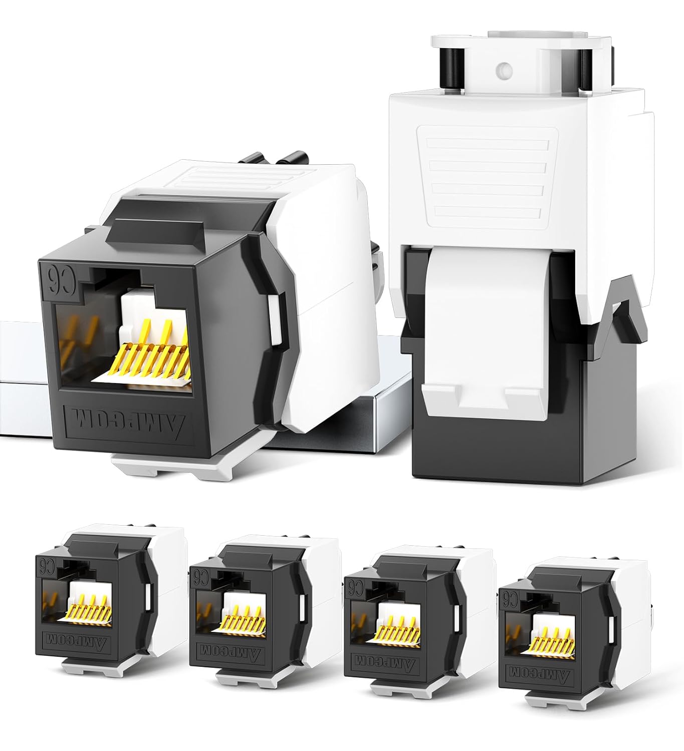 AMPCOM CAT6 RJ45 Keystone Jack - Reusable UTP Ethernet Wall Jack with Adjustable Ratchet Lock Design, No Tool and Zip Tie Required - 50u Gold Plated - Black (6-Pack)