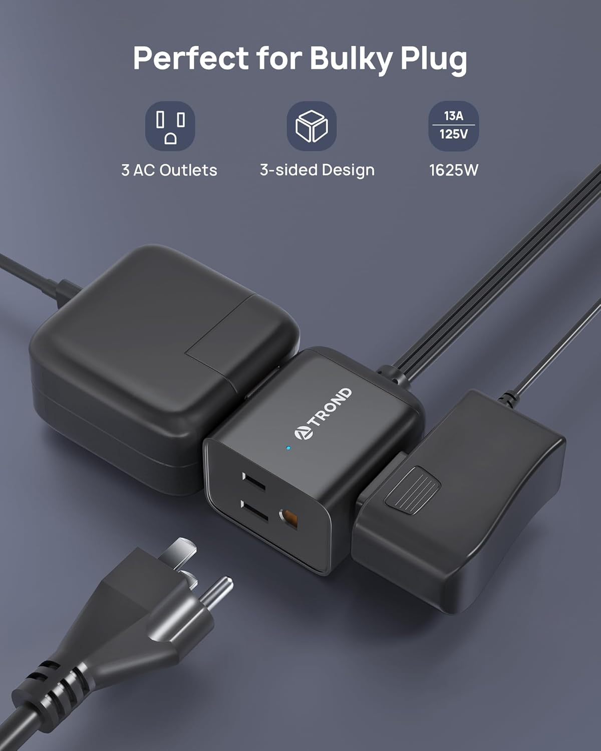 TROND 360° Rotating Flat Plug Extension Cord 10ft, Low Profile Small Power Strip, 3 Side Grounded Outlet, 13A, SPT 16/3 Gauge Cable for Indoor Home Office Kitchen Cruise Travel Essentials, Black