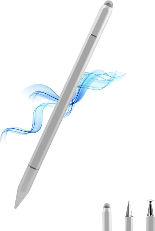 Stylus Pens for iPad, Luntak 3 in 1 Ballpoint Pen, Fiber Tip & Clear Disc Capacitive Stylus iPad Pencil for Apple iPhone/iPad Pro/Mini/Air/Android/Microsoft/Surface All Capacitive TouchScreen - Silver