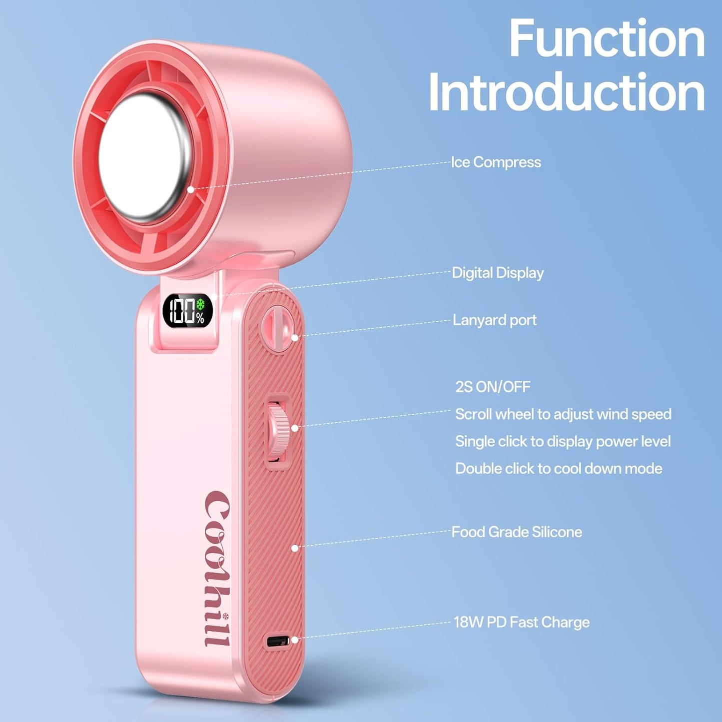 Handheld Portable Fan with Ice Cooler: 100-Speed 5500mAh Rechargeable Handheld Fan, 12H Time Hand Cooling Personal Fans with 20000 RPM Air Turbo Tech for Travel Outdoor (Pink)