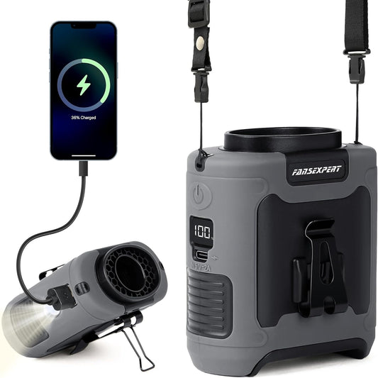 Portable Waist Fan Clip on, Personal Wearable Belt Fan 10000mAh Rechargeable Battery Under Shirt,5 Speeds with light, Neck Fan Hands-Free Cooling For Outdoor Camping Travel (Grey)