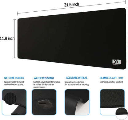 Large Extended Gaming Desk Mousepad (800x300x3mm) - Nonslip Rubber Base and Water Spill Resistant Desktop Keyboard Mouse Mat - Anti-Fray Cloth - Black