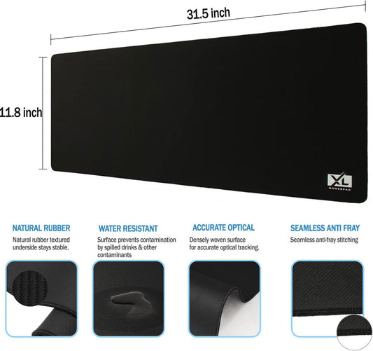 Large Extended Gaming Desk Mousepad (800x300x3mm) - Nonslip Rubber Base and Water Spill Resistant Desktop Keyboard Mouse Mat - Anti-Fray Cloth - Black