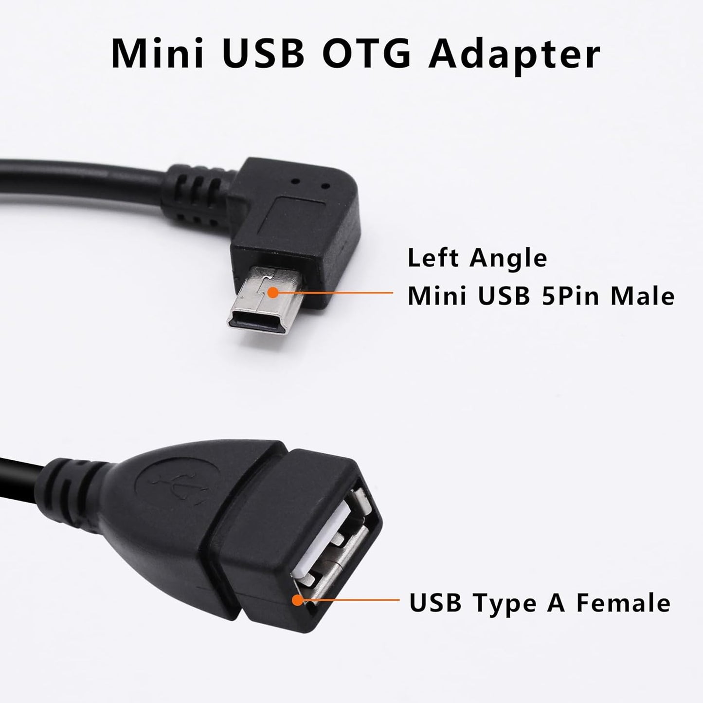 90 Degree Mini USB to USB A OTG Adapter Cable 5.5in Left Angle Mini USB 5-Pin Type B Male to USB Type A Female Adapter Cord for Digital Cameras,Black,14cm(2 Pack,Left)