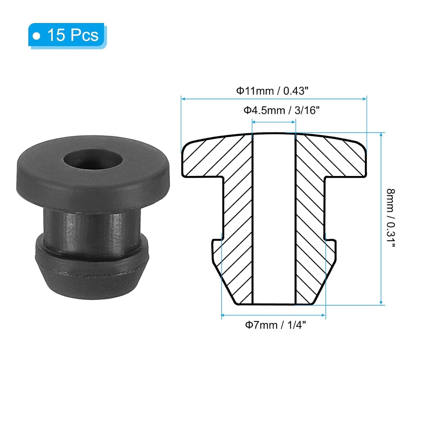 PATIKIL 7mm / 1/4 Inch Drill Hole,3/16 Inch ID Rubber Grommets, 15Pcs Top Hat Grommet for Wiring Eyelet Ring Gasket Automotive Firewall Cable Hole Plugs Wires Protection, Black