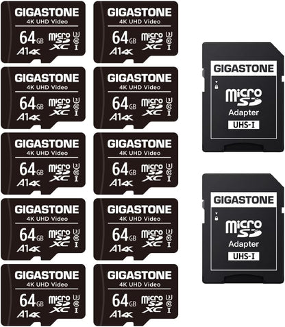 GIGASTONE 64GB Micro SD Card 10-Pack, A1 V30 4K Video Recording, Surveillance Security Cam Action Camera Drone Professional, 90MB/s Micro SDXC UHS-I Class 10