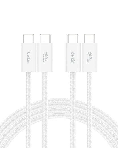 Belkin USB C to USB C Cable 2-Pack, 6.6ft, 60W - Type C Charger, iPhone Charger Cord, Soft, Braided, Flexible for iPhone 16, Galaxy S25, Pixel 9, Airpods, iPad Pro & More, Travel Essentials - White
