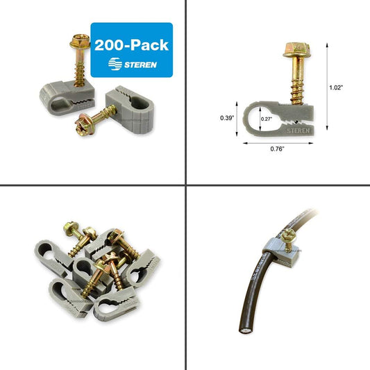 STEREN Coaxial Cable Clips - Cable Holder - Wire Clips - Siding Clips for Hanging - Cord Holder for Desk - Cable Clamps (Gray, 200 Count - Single Screw)