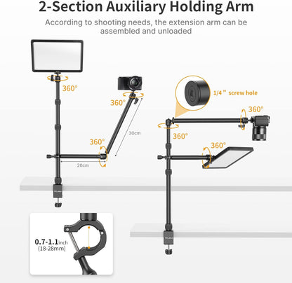 PICTRON LS11 Camera Mount Desk Stand with Auxiliary Holding Arm, Flexible Overhead Camera Webcam Table C-Clamp Multi Stand for Photography Videography Live Stream
