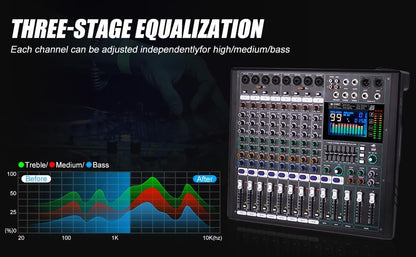 GF12 Multifunction 12 Channel Audio Mixer Stage Performance Mixer Isolated Independent Mute Built-in 7 Level Equalizer and 99 Reverb DJ Mixer for Stage Performance/Karaoke/DJ Music