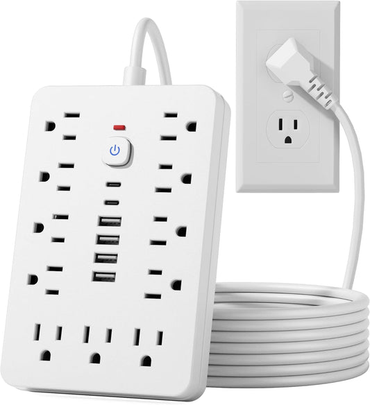 15 FT Flat Plug Surge Protector Power Strip,11 Multiple AC Outlets with 6 USB Ports (2 USB C), 15 Feet Extension Cord, 1250W/10A, One Touch Switch Button, White
