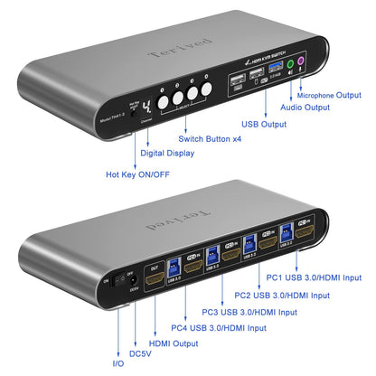 HDMI KVM Switch 4 in 1 Out with Hotkey Mouse Switching, Audio Mic Support, 4K@60Hz, USB 3.0 Hub, Digital Display, Terived Aluminum KVM with Cables Included