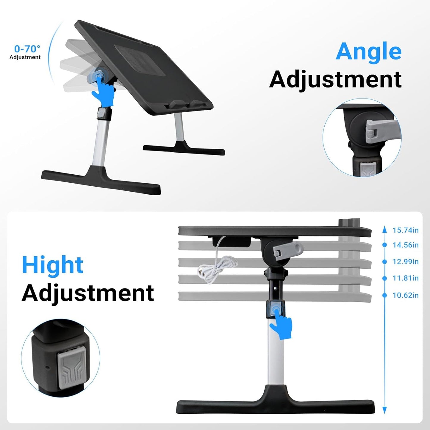 Laptop Lap Desk Include Cooling Fan,Adjustable Lap Desk with Light Fan,Folding Laptop Desk for Bed with USB,Bed Desk with Storage Drawer 60 * 40cm,Black