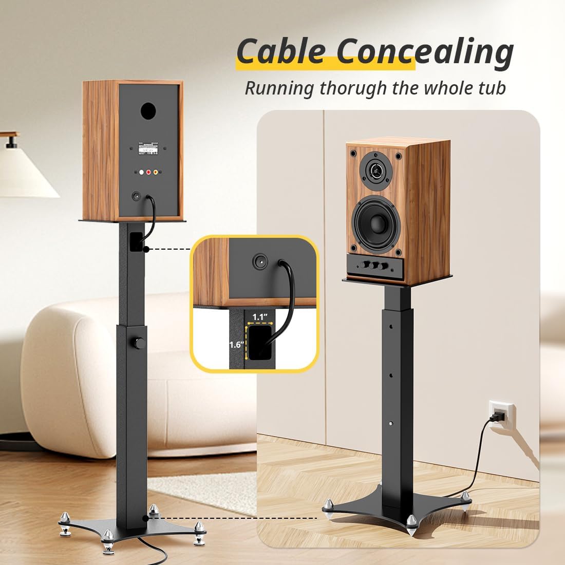 Adjustable Bookshelf Speaker Stands Pair, 20-27.5 Inch All-Metal Heavy Duty Holds 100lbs Universal for Surround Sound with Cable Management