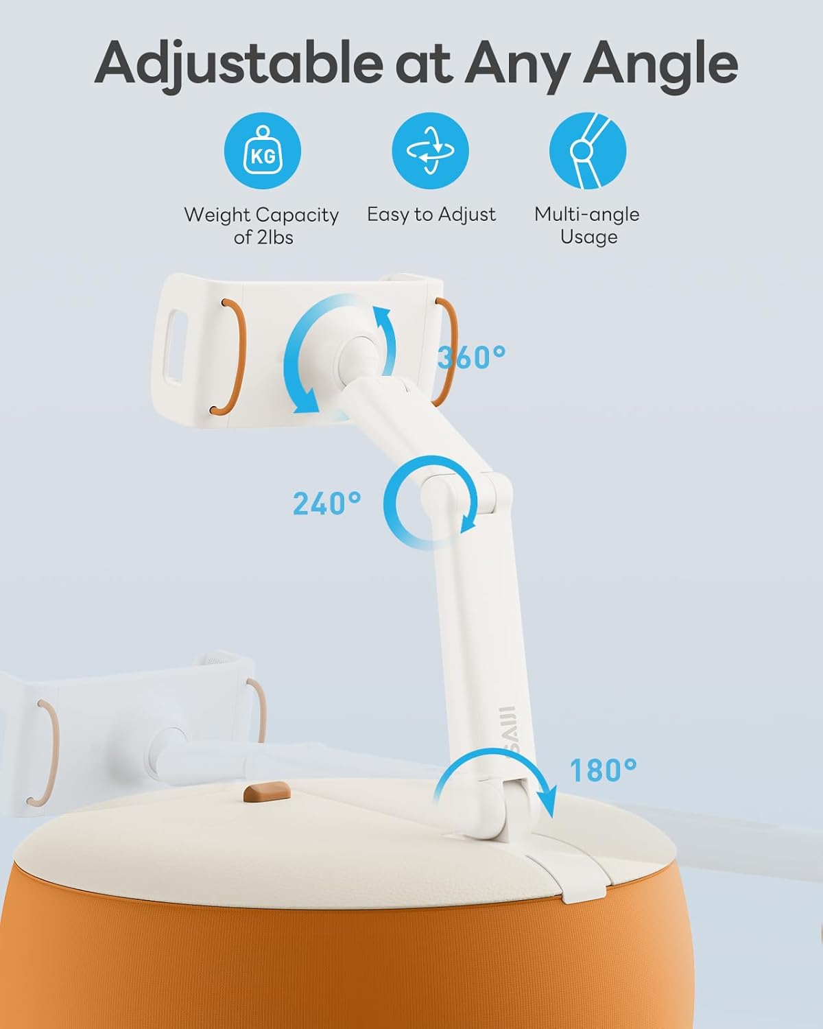 SAIJI Tablet Holder Pillow, Kindle Holder Compatible with 4.7-15.6” Kindle, Phone, Portable Monitor, 360° Adjustable Tablet Stand for Bed with Flexible Dual Axis Arm&Microbead Cushion (Orange)