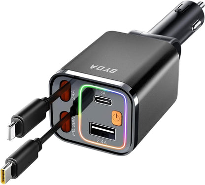 Retractable Car Charger, 4 in 1 Fast Charging USB-C & USB-A Compatible with iPhone 16/15/14/13/12/11 Pro Max, 69W Fast Car-Charger Cigarette Lighter Adapter for Galaxy, Pixel (Light-ning+USB-C) Grey