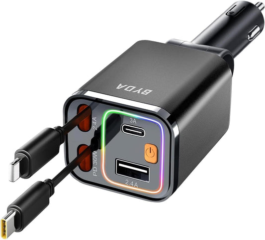 Retractable Car Charger, 4 in 1 Fast Charging USB-C & USB-A Compatible with iPhone 16/15/14/13/12/11 Pro Max, 69W Fast Car-Charger Cigarette Lighter Adapter for Galaxy, Pixel (Light-ning+USB-C) Grey