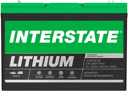 Interstate Batteries 12V 100Ah Group Size 27M Lithium Marine/RV Deep Cycle LiFePO4 Battery, Maintenance Free, Lightweight, Ideal For Boats, RV Camping, Off-Grid, Yachts (Li27M12V100)