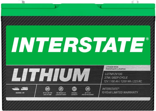 Interstate Batteries 12V 100Ah Group Size 27M Lithium Marine/RV Deep Cycle LiFePO4 Battery, Maintenance Free, Lightweight, Ideal For Boats, RV Camping, Off-Grid, Yachts (Li27M12V100)