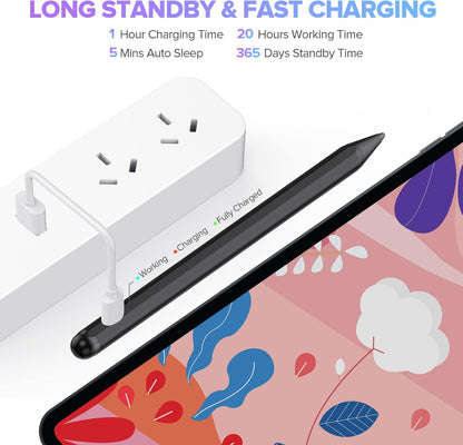 Stylus Pen 2X Fast Charge Active Pencil Compatible with 2018-2025 Apple iPad Pro 11"/12.9"/M4, iPad Air 3/4/5/M2/M3, iPad 6-11, iPad mini 5/6 Gen-Black