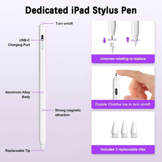 2Pack Stylus Pencil for iPad A16/11th Gen(2018-2025),Fast Charging Pen with Palm Rejection&Tilt Sensitivity Compatible with iPad 6/7/8/9/10/11,iPad-Pro 11"/12.9"/ M4, iPad-Air 3/4/5/M2/M3,Mini 5/6/7